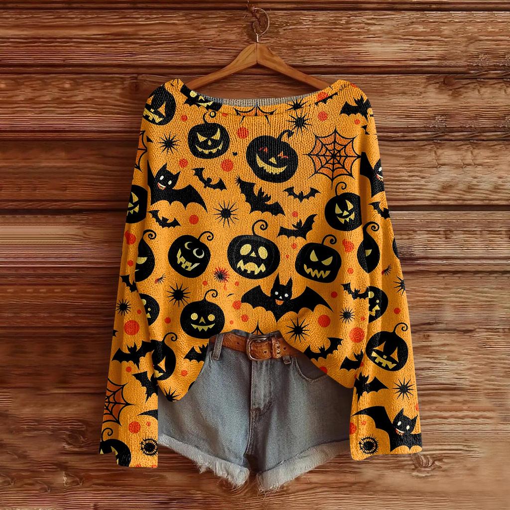 Women's Halloween Sweater, Bohemian Vintage Pattern Print Long Sleeve Knit Pullover