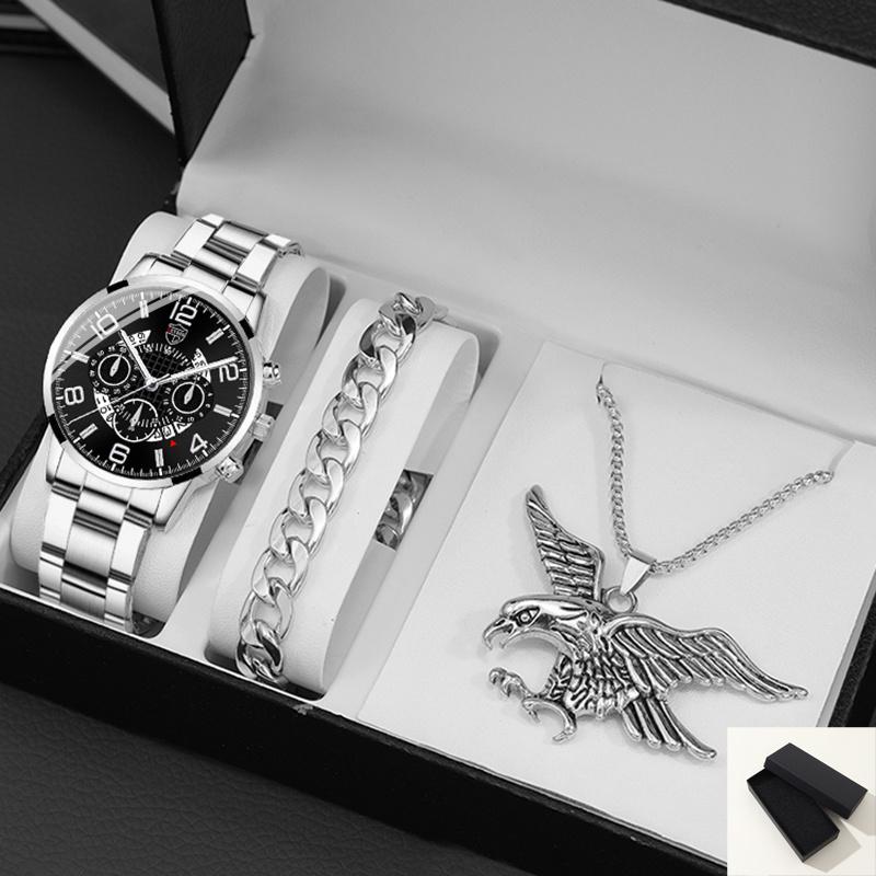 

Набор из 3 предметов, модные мужские спортивные часы, мужские деловые стальные кварцевые наручные часы с календарем, мужские повседневные наручные часы с ожерельем и браслетом