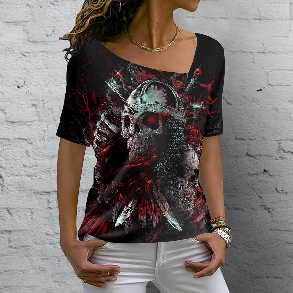 Vintage Skull Women's T Shirt 3D Printed Skew Collar Blouses Casual Short Sleeve Pullover Tops Summer Oversized Clothes Tees