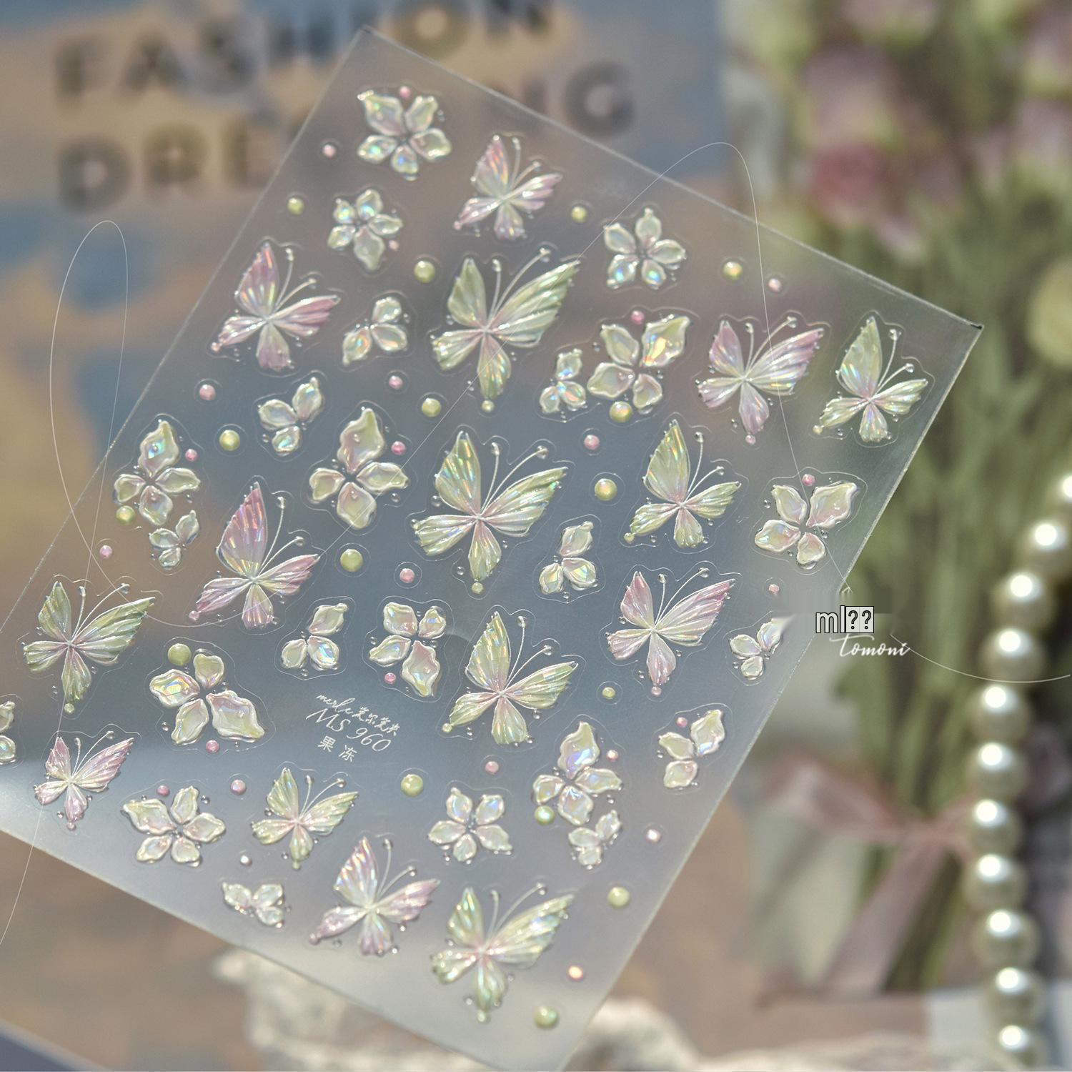 Tomoni & Moshiguo Translucent Jelly Pink Green Butterfly Nail Stickers - Mature Style Full Cover.