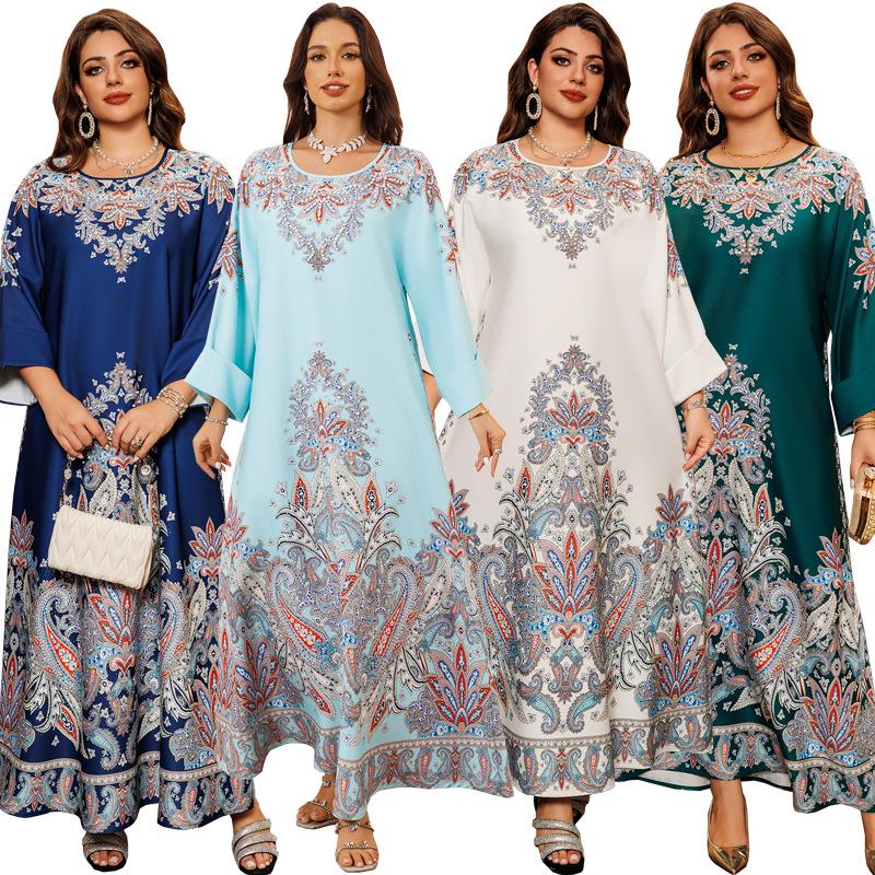 AB400 Muslim Fashion Floral Dress with Hot Drill Embellishments - Middle Eastern Style Robe for Women