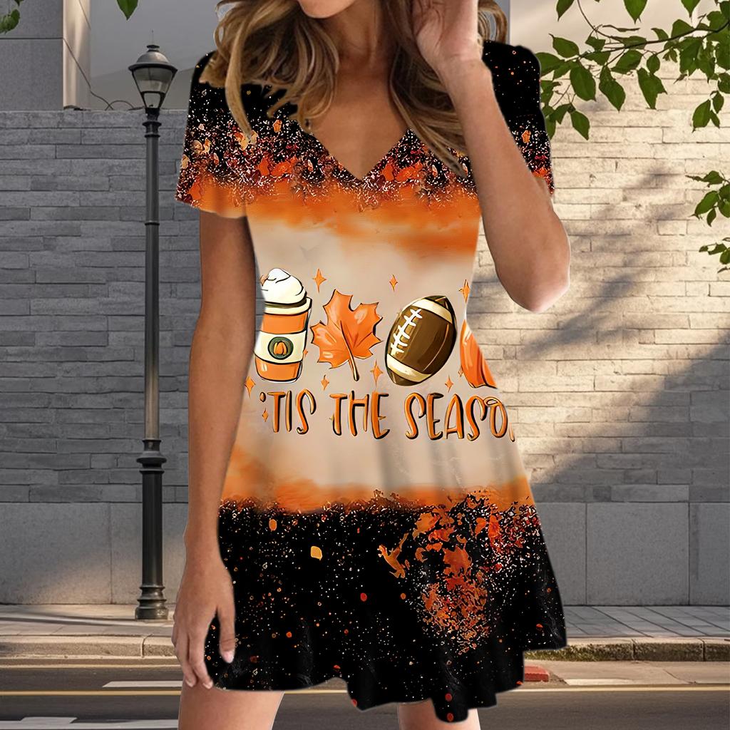 Summer Fashion Women's V Neck Short Sleeve Pumpkin Pattern Printed Dress Sex Short Skirt Dresses