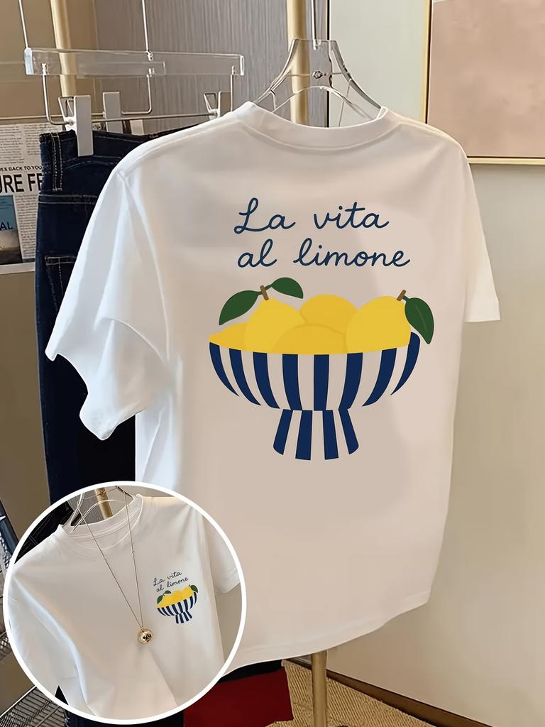 T-shirt da Donna Estiva con Fantasia Frutta Limone e Cello, Top Comodi, Magliette Morbide in Cotone, Manica Corta All-Match
