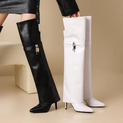 Cow Split Skin Microfiber Pointed Toe Thin High Heels Size 46 Size 45 Slip On Plus Size Women Keep Warm Over-the-knee Boots