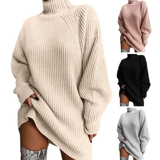 Women's Fall Turtleneck Sweater Dress Oversized Cable Knit Long Sleeve Short Dress Casual Pullover Mini Dress