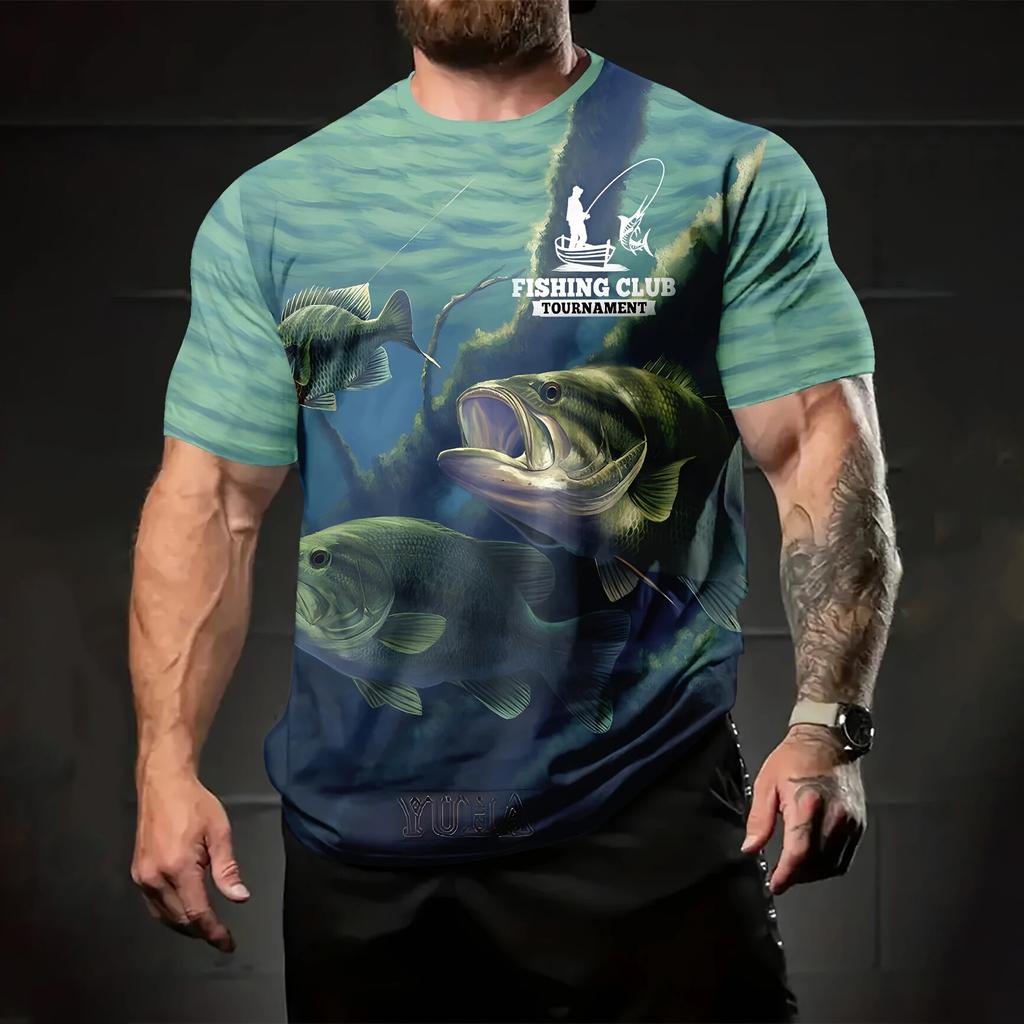Summer Round Neck 3D Fish Graphic Print Top Fashionable Casual Short Sleeved Men's T-shirts