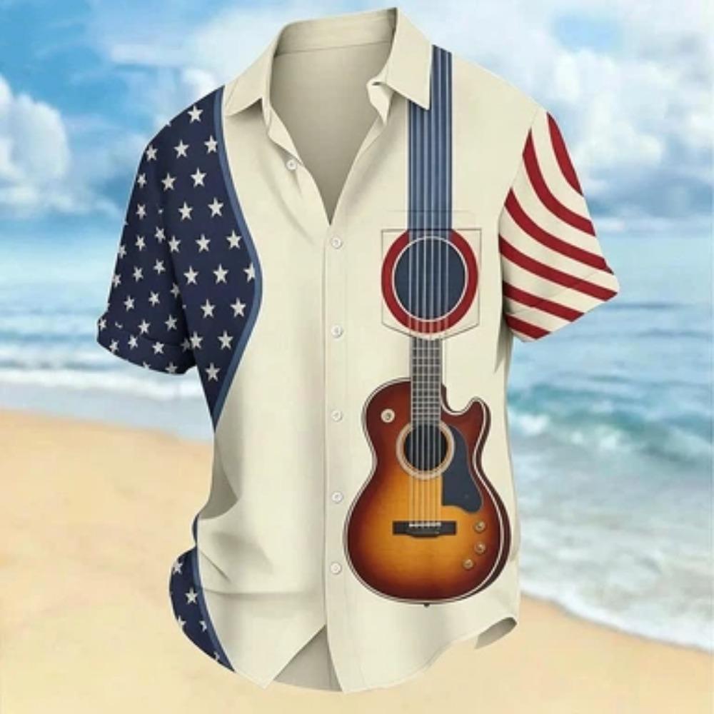 Herren Hemd mit Gitarren-Noten-Print, lässiges Kurzarm-Hemd mit Knöpfen, Sommer Oberteile mit Tasche
