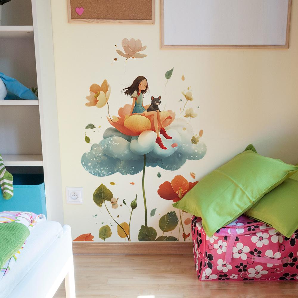 Whimsical Flower Cat Girl Wall Sticker Dreamy Elegant Self-Adhesive Removable Decor for Bedroom Living Room Kids Room