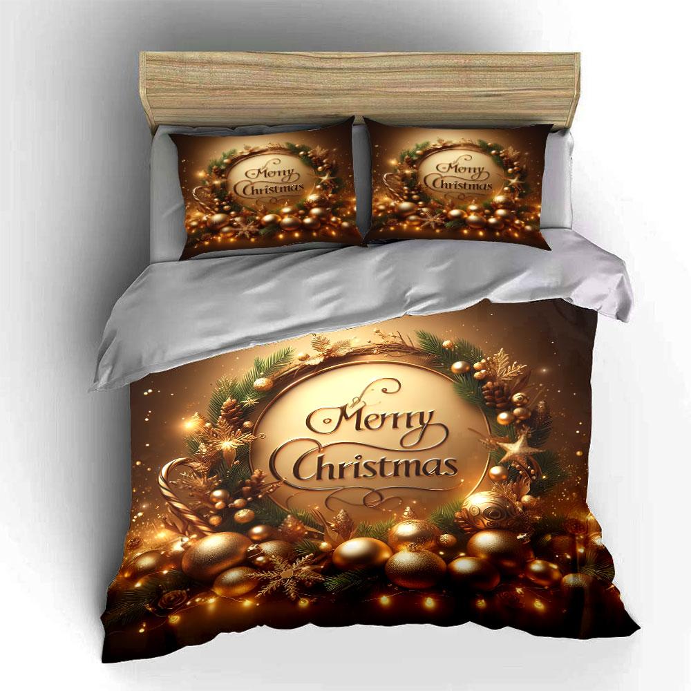 Golden Merry Christmas Design Bedding Duvet Cover Set Duvet Cover Pillowcases  (1*Duvet Cover 2*Pillowcases, without duvet insert)
