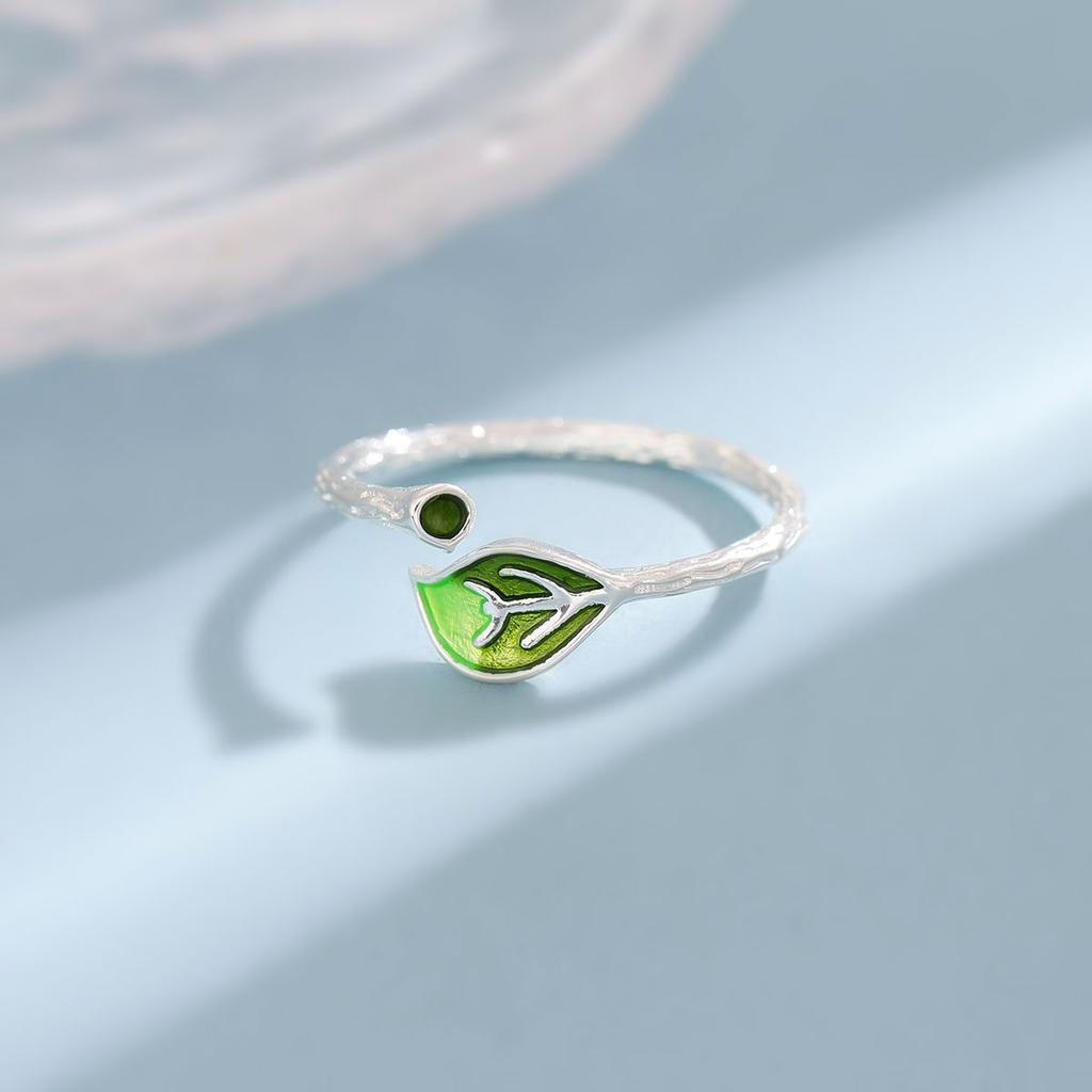 New Fashion Simple Green Leaf 925 Sterling Silver Not Allergic Literary Temperament Exquisite Women Opening Rings    R139