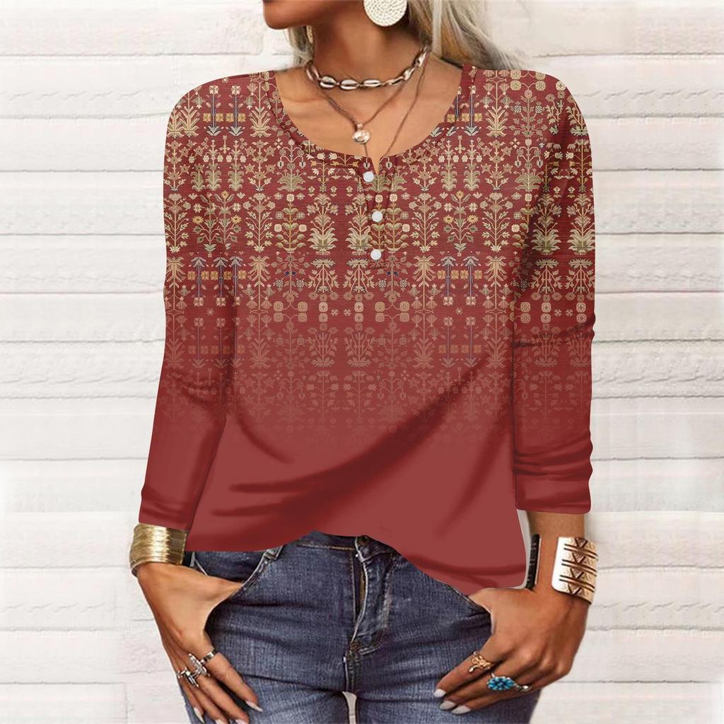 Women's New Button-Down Fashion Print Long Sleeves T-Shirt Slim Top Casual Tops