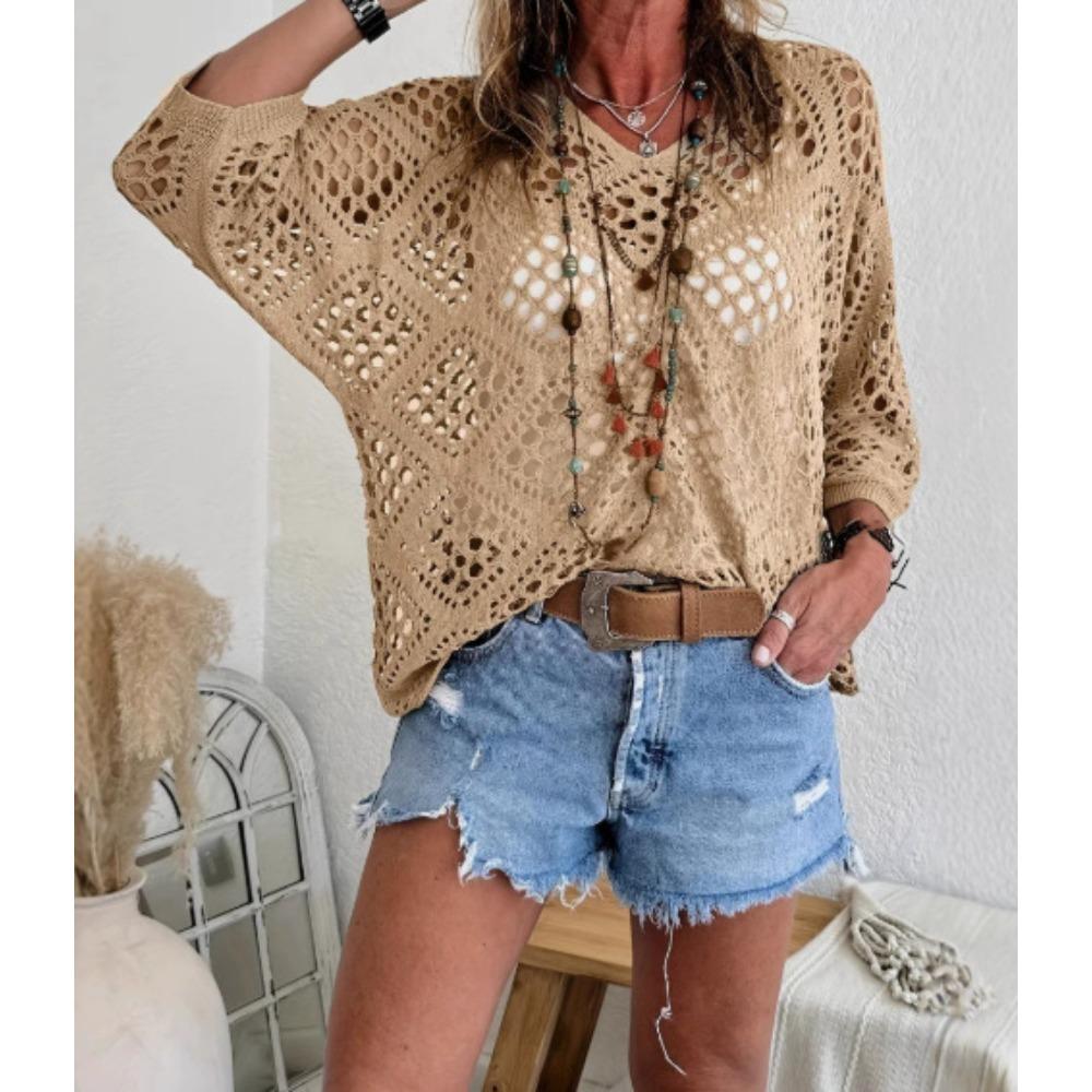Women Spring Summer V-neck Diamond Hollow Out Batwing Sleeve Knit Sweater Loose Cover Up Blouse