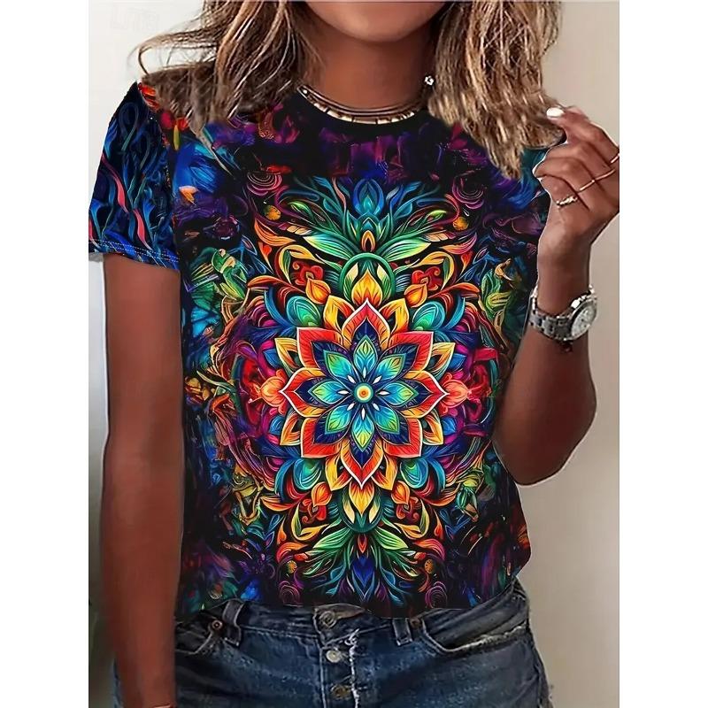 Summer Fashion Women's T-Shirt Beautiful Flowers Stylish 3D Printed Casual Short Sleeved Crew Neck Tees Regular Tops