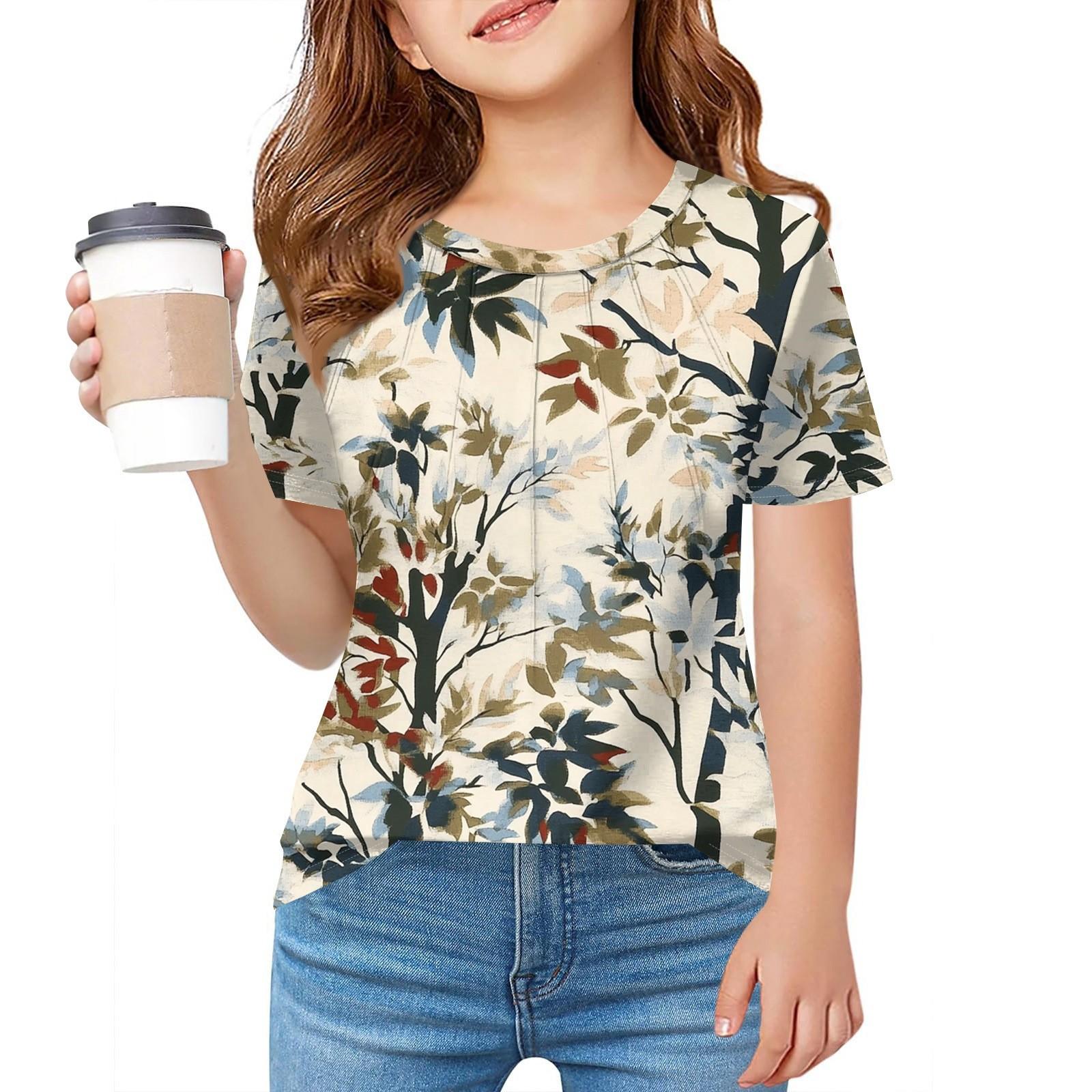 

Детская футболка Fold A для девочек, летняя модная куртка с круглым воротником и цветочным принтом с короткими рукавами 160