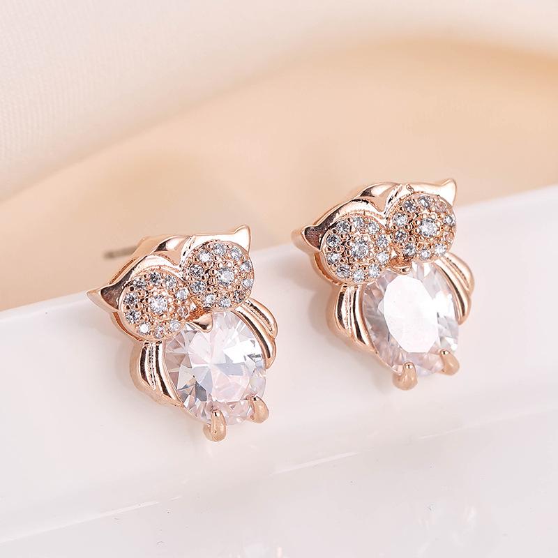 Women s Micro-inlaid Crystal Owl Earrings - Shiny European & American Fashion Studs золотой