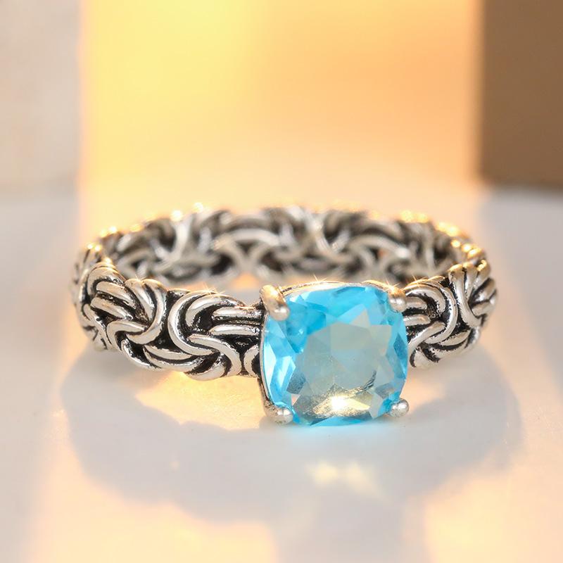 Vintage Inlaid Sea Blue CZ Women's Ring Ethnic CopperColor Hand Carving Daily Wear Party Jewelry Anniversary Gift