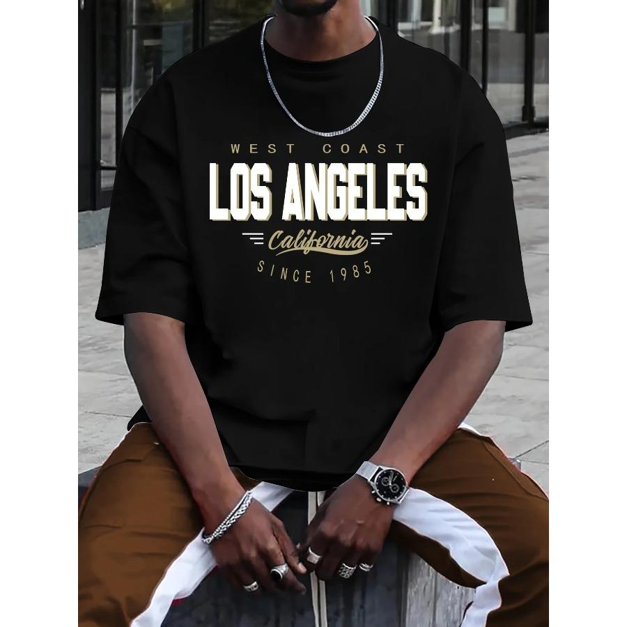 Cotton Summer Men's 100% Cotton Comfortable Casual Loose Plus Size LOS ANGELES Printed Sports Round Neck Oversized Short Sleeved T-shirt Top
