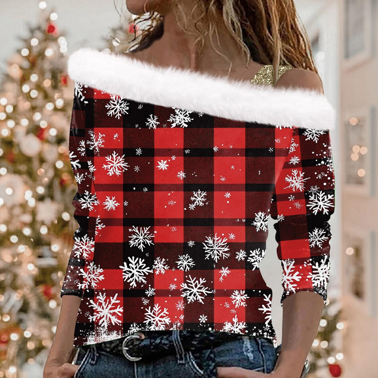 Женский повседневный модный топ с длинными рукавами и открытыми плечами с рождественским — фото 11