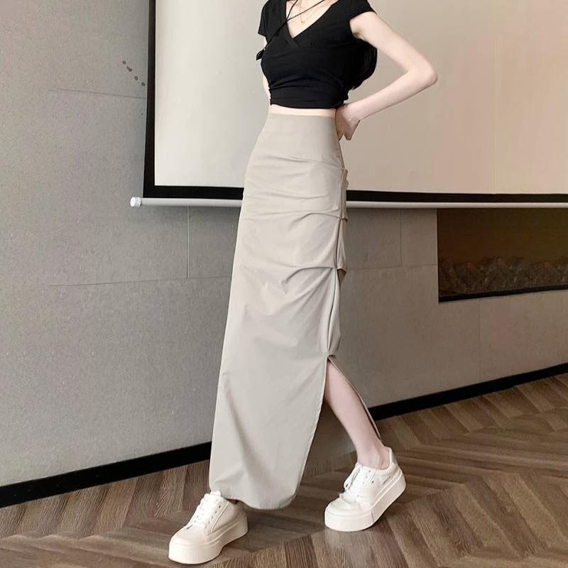 Women's Korean Style Solid Color High-Waisted Slimming Half Skirt Summer Ruched Split Bodycon Long Skirt