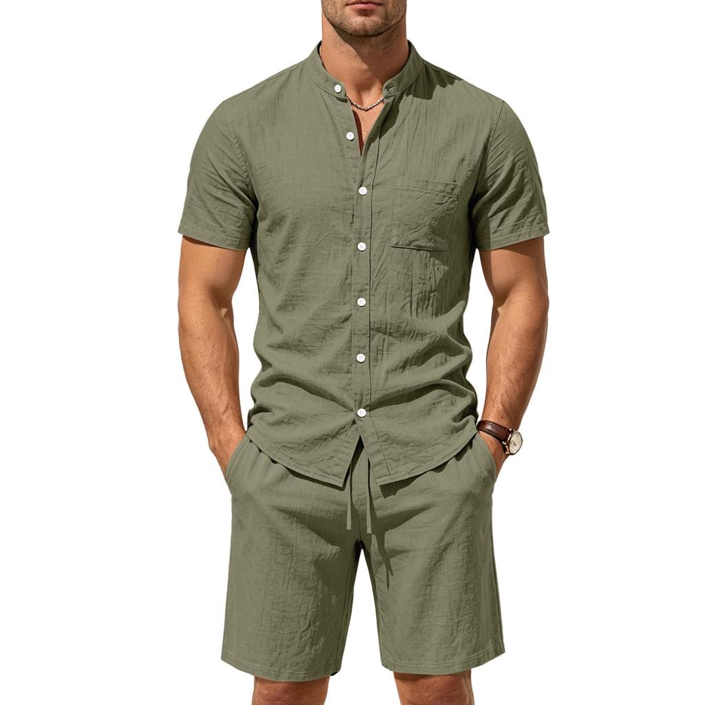 Men's Linen Shirt and Shorts Set Casual Relaxed Fit Summer Outfit