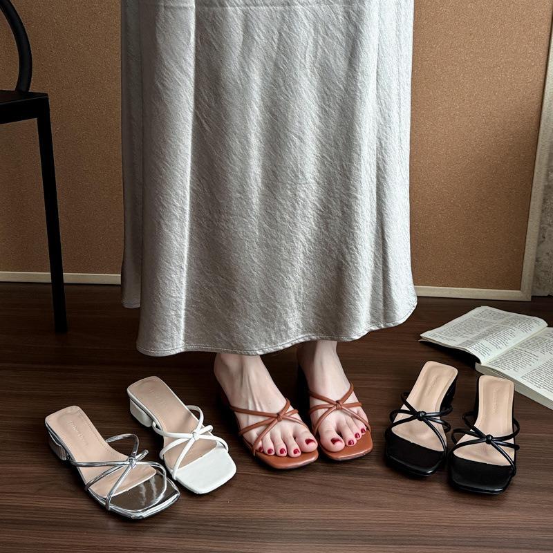 High Heels Women's Summer New Square Head Word with Thick Heel Sandals Middle Heel Open Toe Slippers