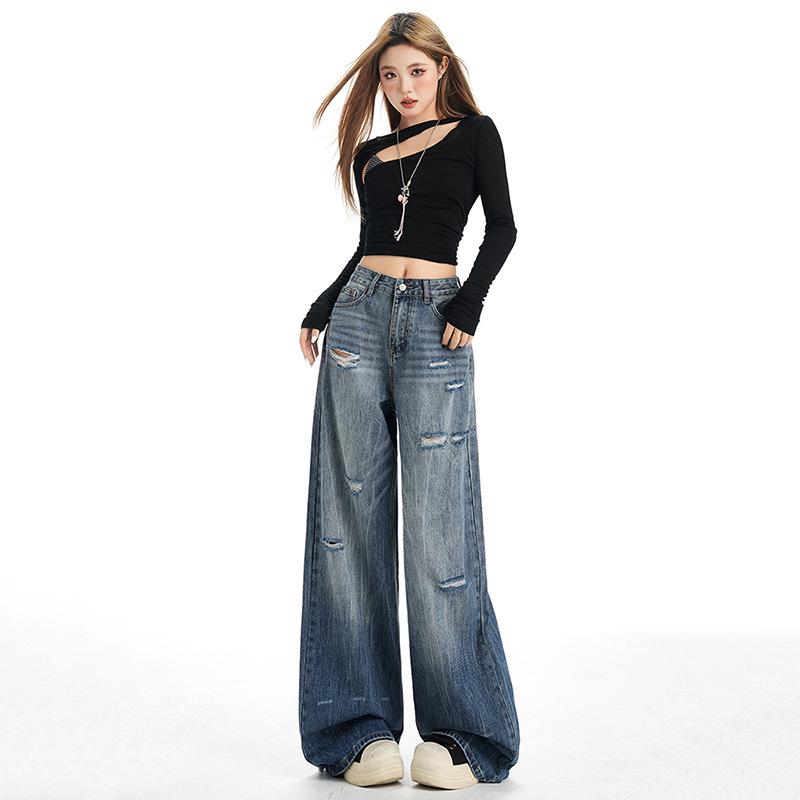 Women s 2026 Spring/Summer Wide-Leg Ripped Jeans XL