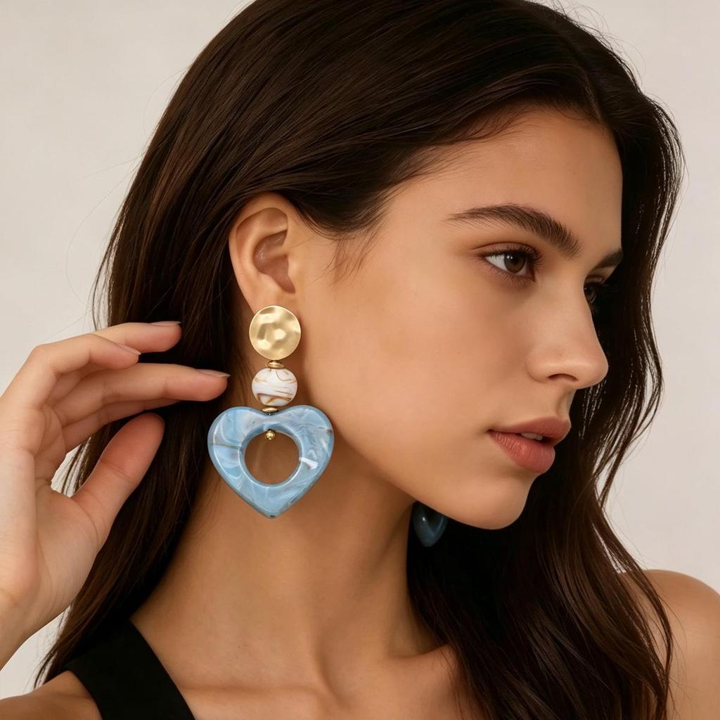Vintage European & American Style Geometric Blue Heart Earrings for Women
