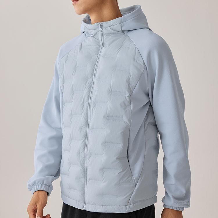 Skechers Windproof Warm Lightweight Woven Color Block Hooded Short Down Jacket Men outerwear Dawn-Gray P425M141-01DS