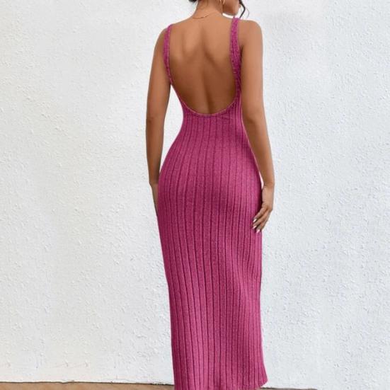 Sommerkleid für Damen, rückenfrei, schmal, ärmellos, einfarbig, elastisch, gestreift, Etuikleid, schmale Taille, O-Ausschnitt, gestrickt, Maxikleid, langes Urlaubskleid