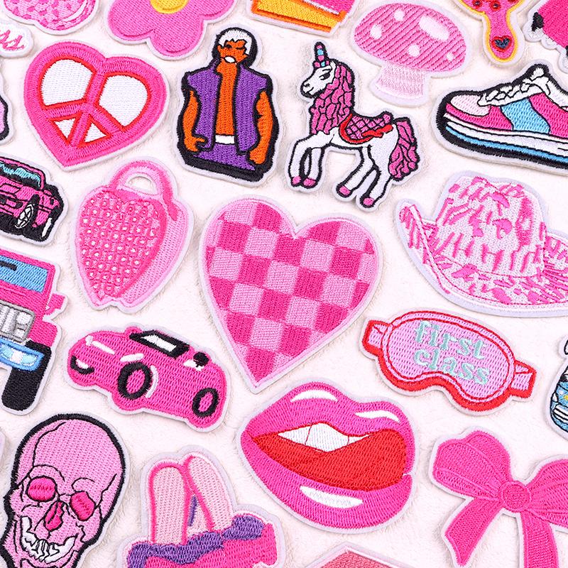 Pink Cartoon Embroidery Patch Iron On Patches For Clothing Flower Letters Patches On Clothes Sewing Fusible Patch Applique Decor
