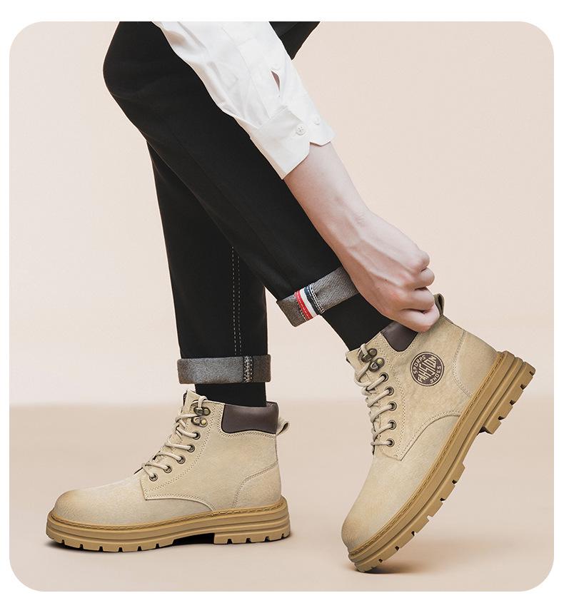 Men's Large Size Winter Genuine Leather Martin Boots, Thick Sole, High-Top, Outdoor, Plus Velvet, Yellow Work Boots.