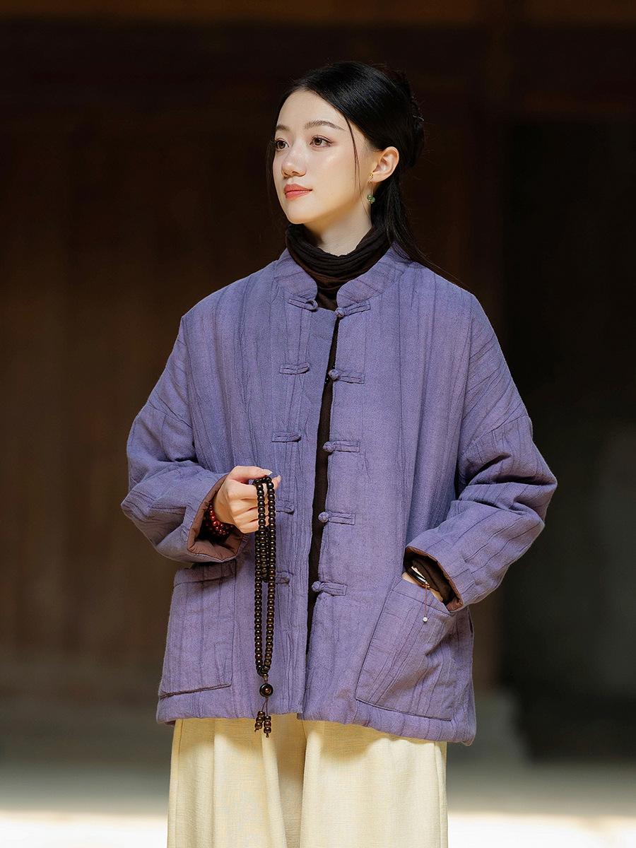 

Women s Winter Retro Chinese Stand Collar Frog Button Hand-dyed Padded Jacket with Ramie One Size