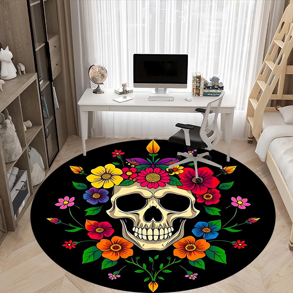 1PC Day of the Dead Skull Office Round Rug, Non Slip, Soft and Durable Office Rug for Interior Decoration, Perfect for Office