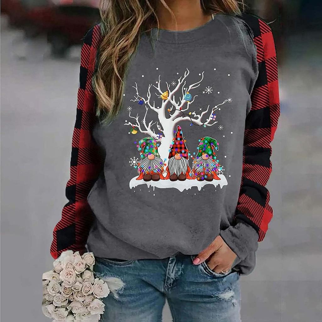 Women's Fashion Plaid Patchwork Christmas Print Round Neck Long Sleeve T-Shirt Top