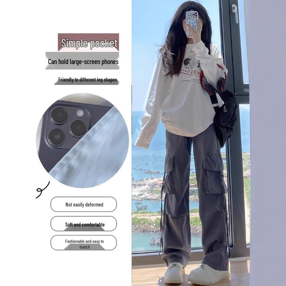Petite High Waist Gray Wide Leg Cargo Pants for Women - Spring/Summer 145cm Length