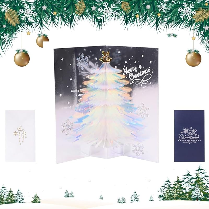 3D Christmas Handmade Cards Glitter Christmas Tree Pop up Greeting Blessing Postcards with Lay Flat Display Widget&envelopes Decoration