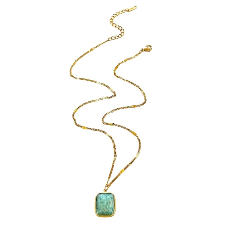 

Elegant Square Pendant Necklace With Stainless Steel Chain And Natural Stone Neckchain For Women Daily Jewelry