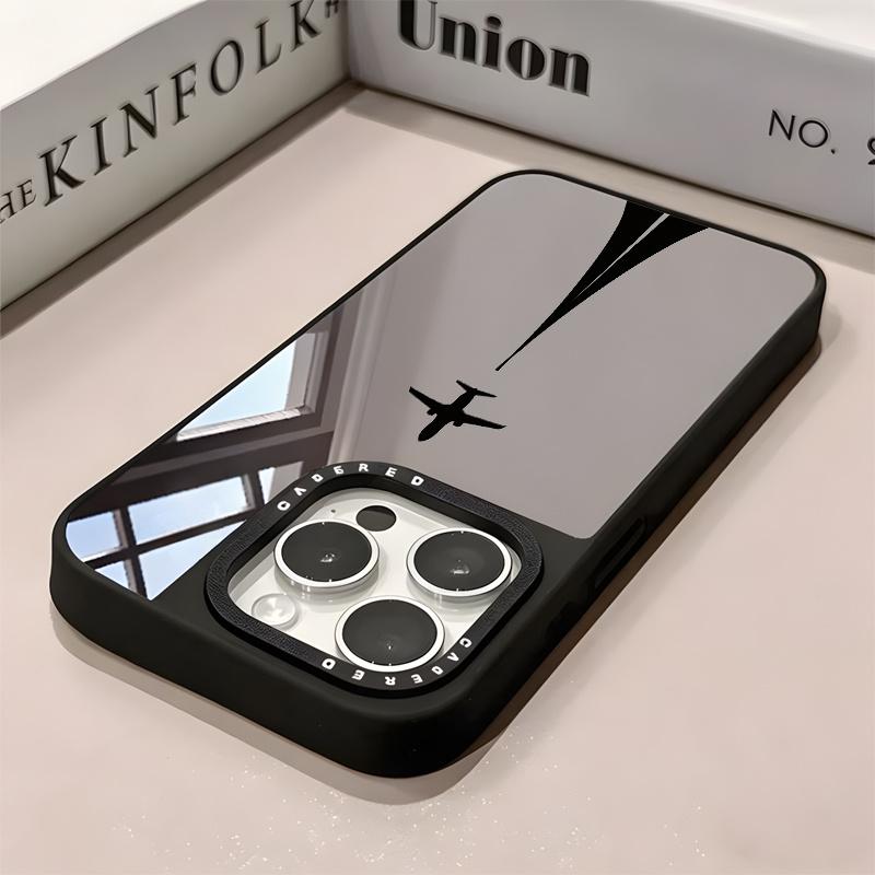 Black Airplane Pattern Mirror Phone Case Suitable for iPhone 17 16 15 14 13 12 11 Pro/Max/Plus Anti Drop and Shockproof