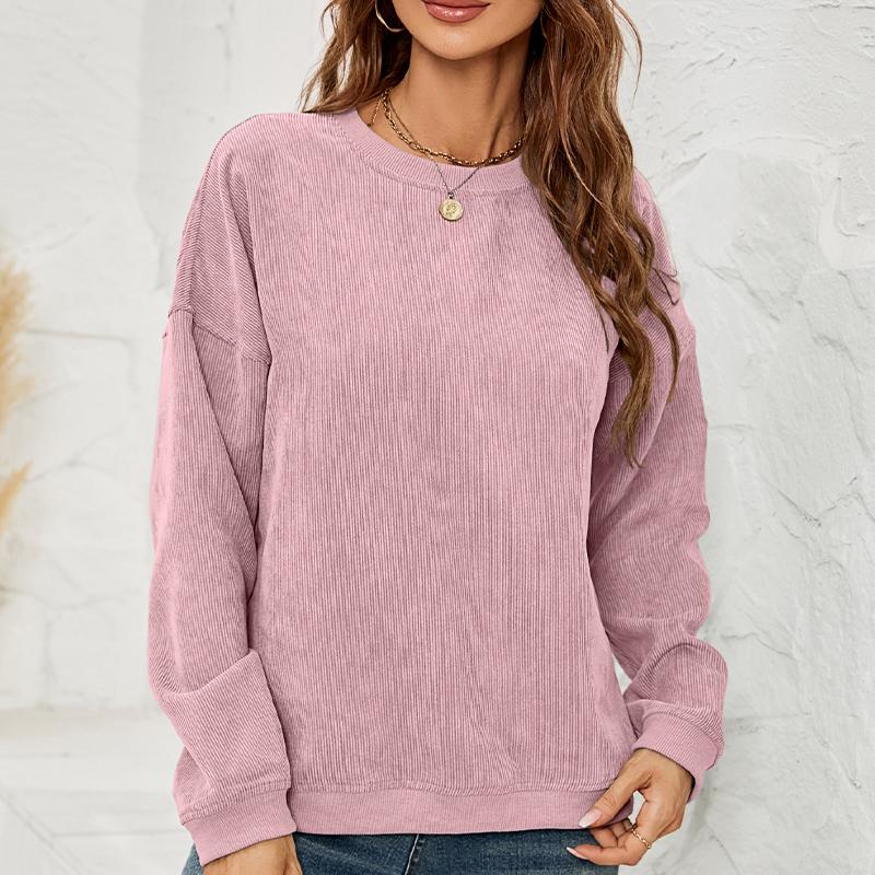 Women's Corduroy Sweatshirt Casual Round Neck Pullover Long Sleeve Top