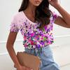 Summer Women's New Casual, Simple and Versatile Color 3D Printed V-neck Short Sleeved T-shirt