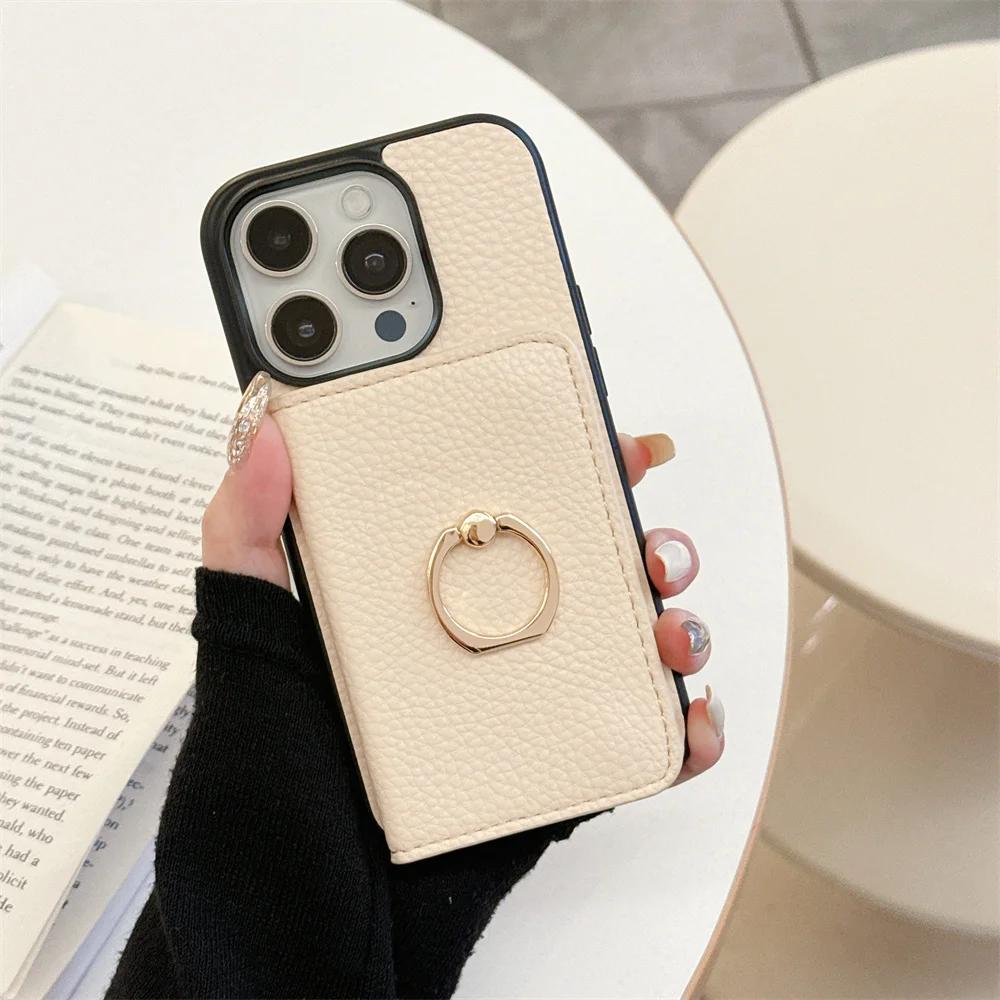 

Кожаное кольцо с держателем для карт Чехол для телефона для IPhone 15 14 11 Pro Max 13 12 Mini XR XS X Max 8 7 Plus PU Ударопрочная накладка For iPhone 13 Mini бежевый