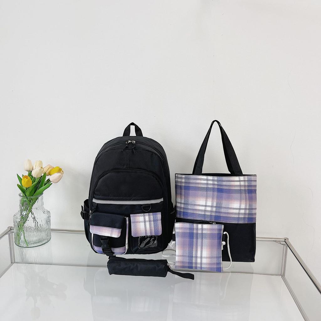 New schoolbag, primary school girl, lightweight stress relief, student backpack, fashionable plaid backpack, four-piece set