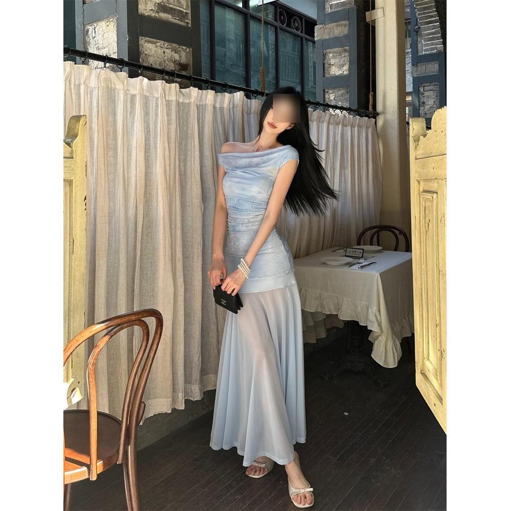 

Праздничное платье с косым плечом, летняя новая модель, подчеркивает темперамент фигуры, стройнит, синее платье-карандаш, детское XL- (recommended 110-60kg)