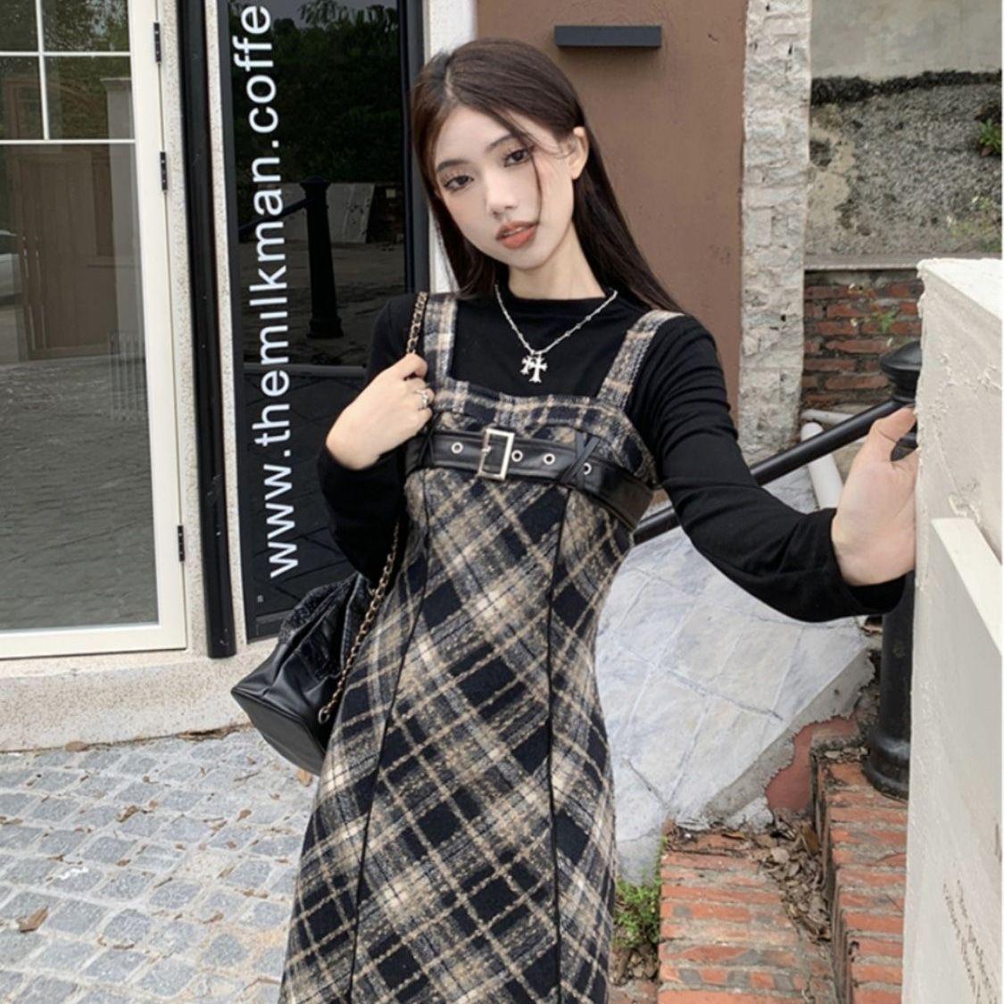 

French Plaid Long Sling Dress Set with Black Long Sleeve Top - Retro Spring/Autumn Trendy Design L (110-120)