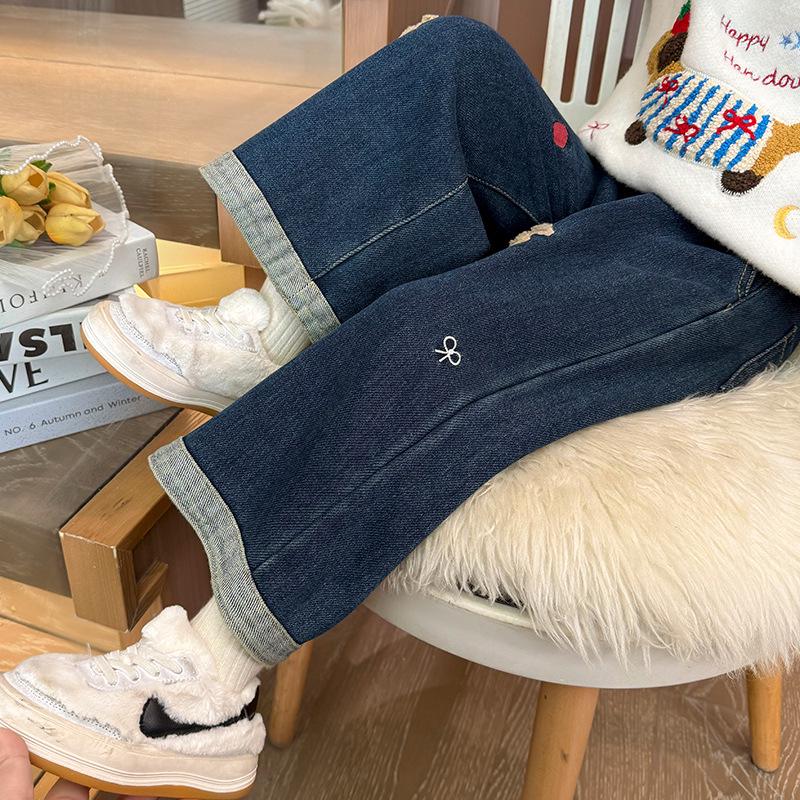 

Джинсы на флисовой подкладке для девочек на осень/зиму 2025: Новые модели прямого кроя и широкие брюки в детской зимней одежде 100 cm темно-синий