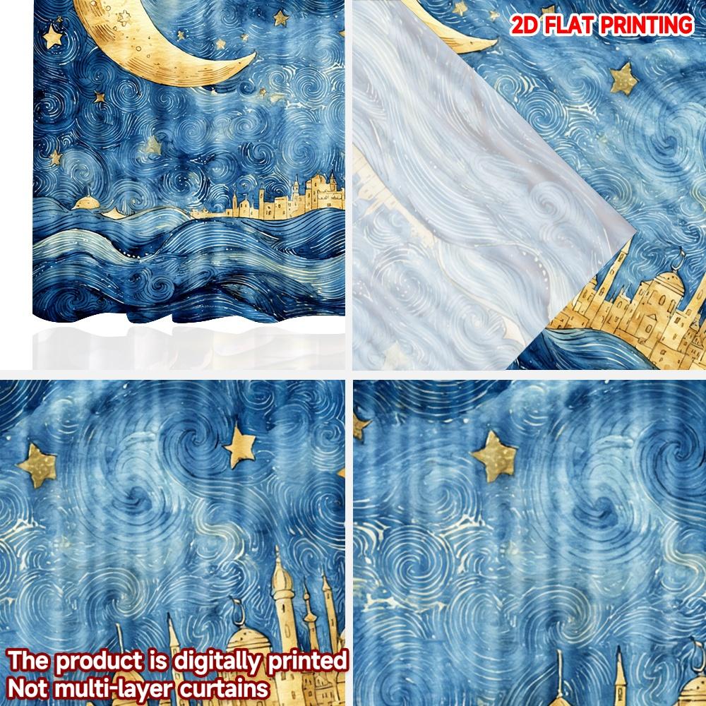Set Of 2 Modern Night Skyline Curtains Digital Printing Deep Blue Golden Moon Stars City Silhouette Bedroom Decor Curtain Polyester Perfect For Master