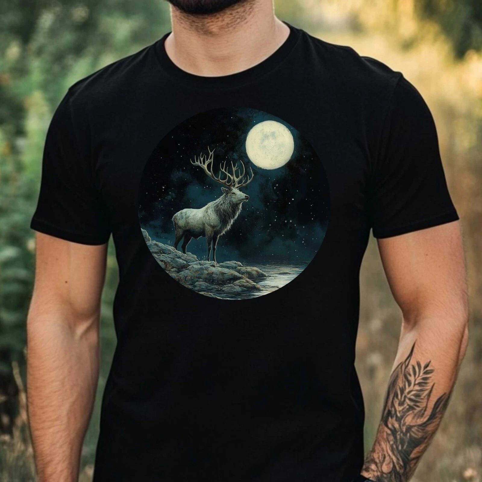 T-Shirt Herren Elch im Mondlicht Motiv Baumwolle Größe XS bis 5XL XXXL