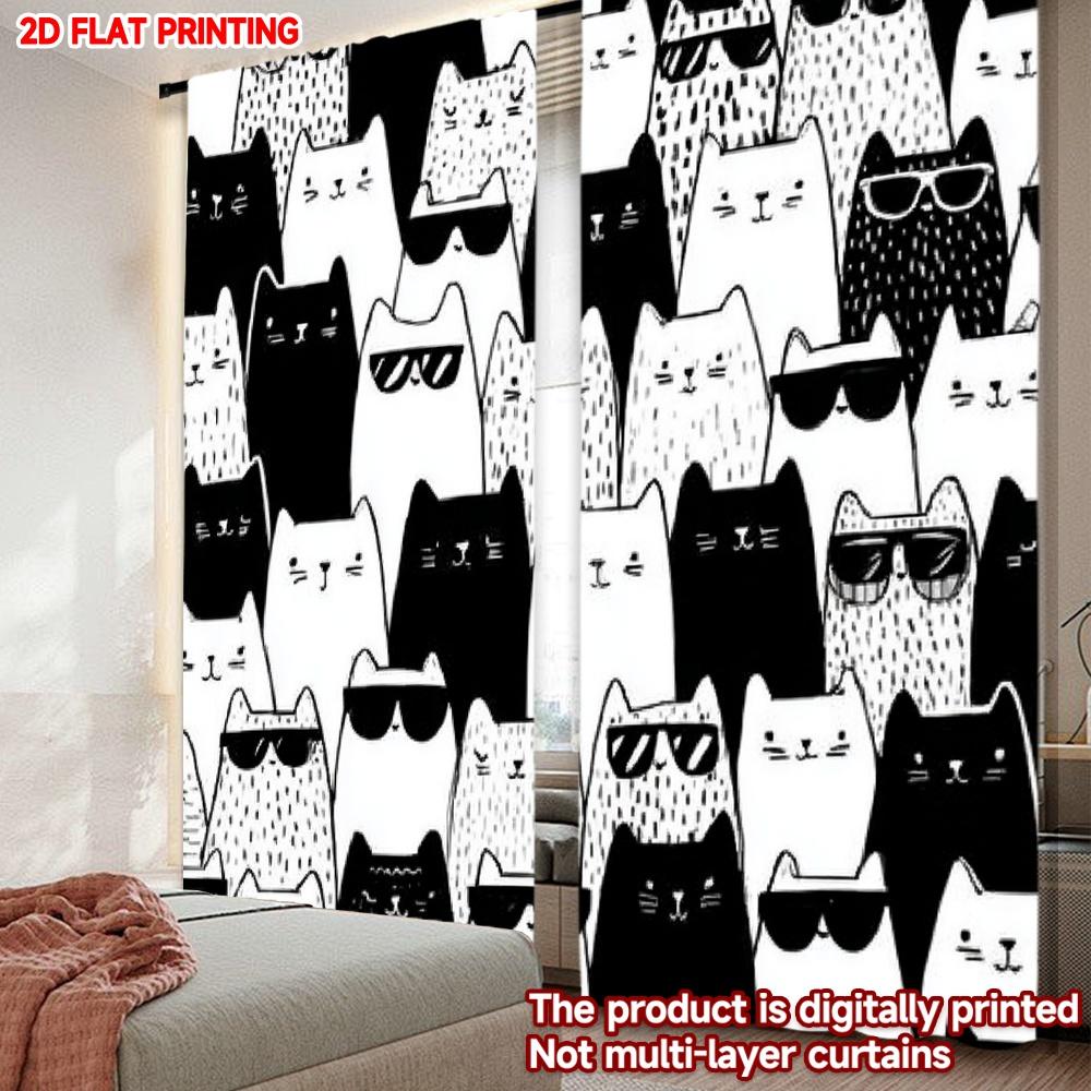 Set aus 2 flach bedruckten Happy Valentine Day Fenstergardinen Schwarz Weiß Katze Digitaldruck Polyester Festlicher Wandvorhang