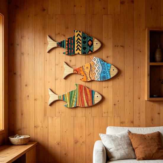 3 Stück Holzfisch Nautische Wanddekoration Strand Küsten Wandkunst zum Aufhängen Rustikale Ozean Wandskulptur für Wohnzimmer Schlafzimmer