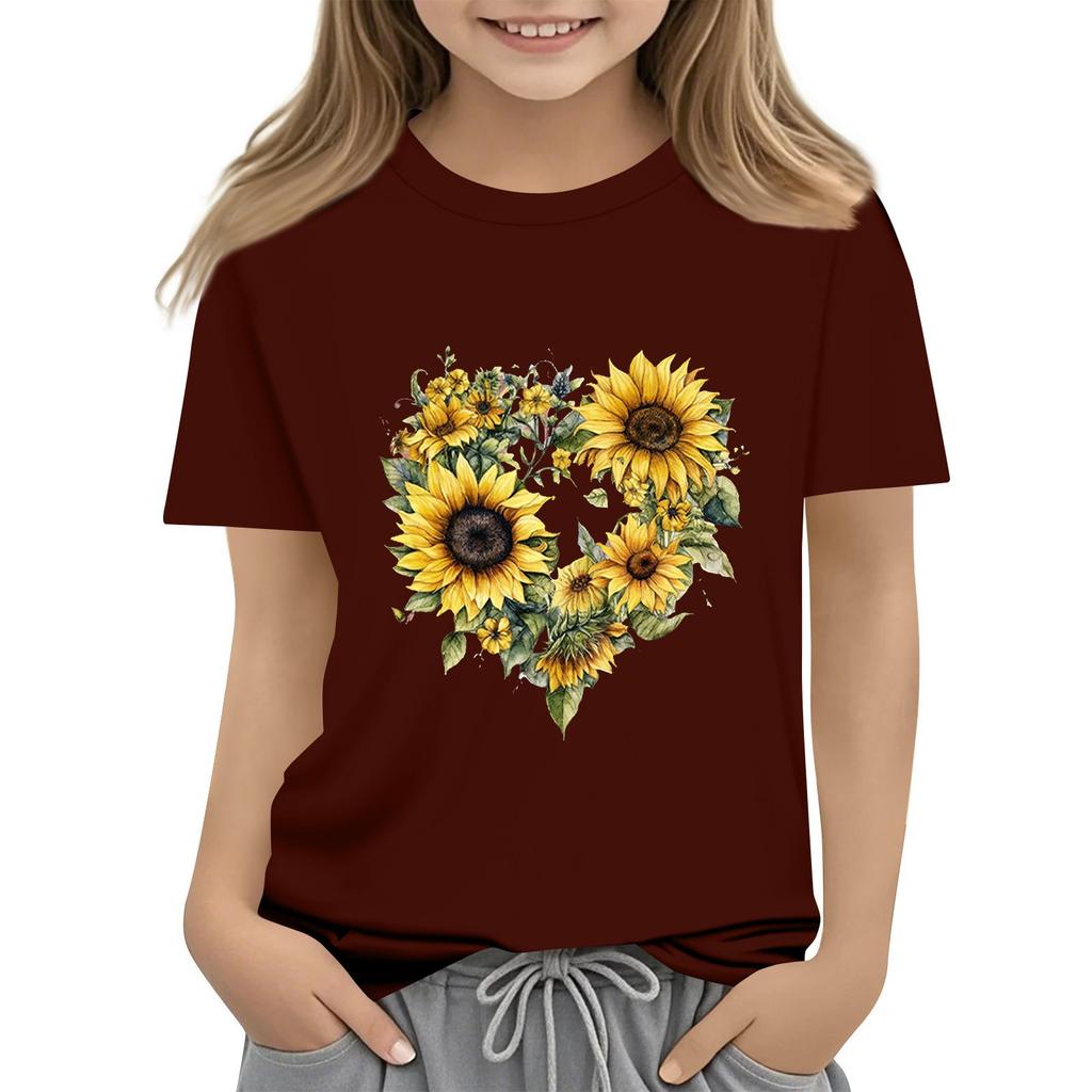 Summer Kids Round Neck Top Sunflower Short Sleeve T-shirt Top